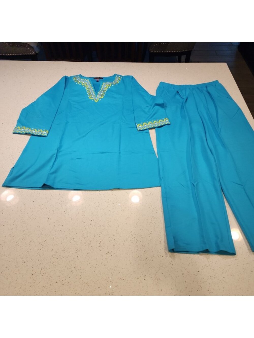 stan herman Tunic Top Pants Set Women's M Blue Embroidered Pull Over On Cotton